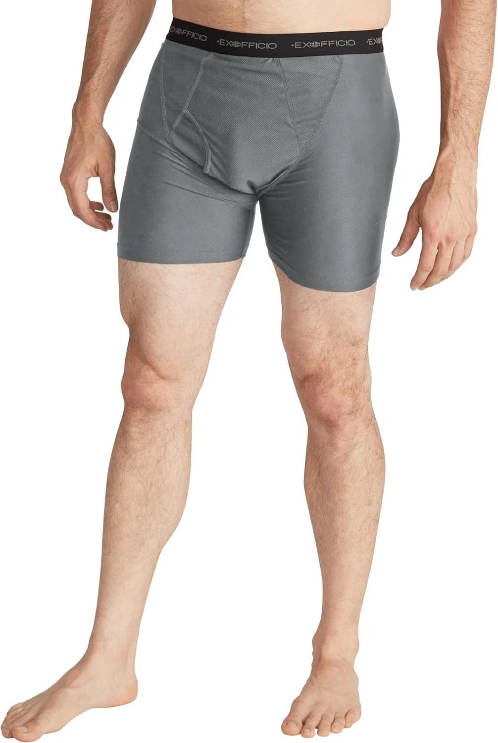 Model wearing grey ExOfficio Give-N-Go boxer briefs