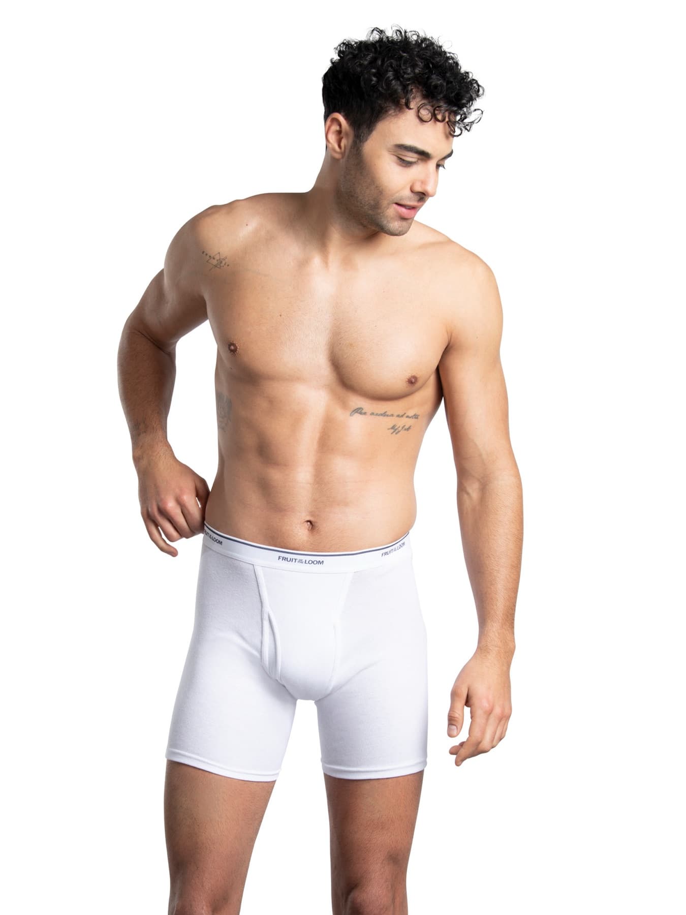 Model wearing white Fruit of the Loom CoolZone boxer briefs