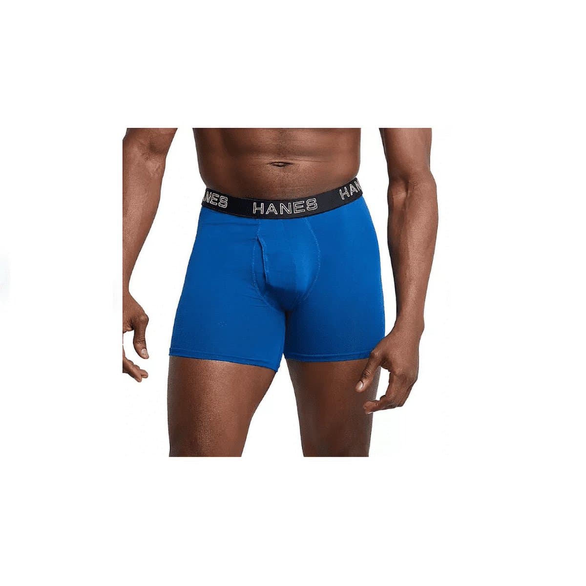 Model wearing blue Hanes Total Support Pouch boxer briefs