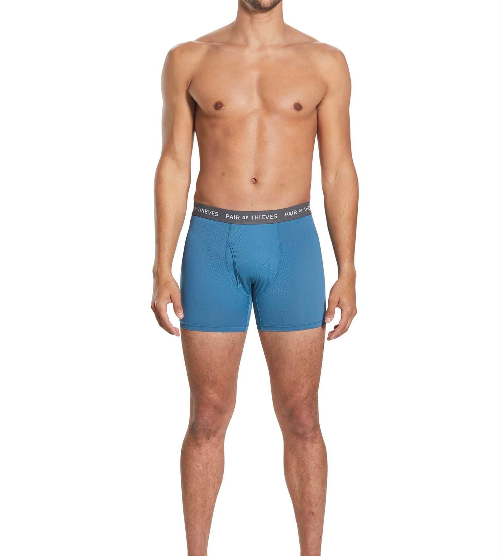 Model wearing blue Pair of Thieves SuperFit boxer briefs