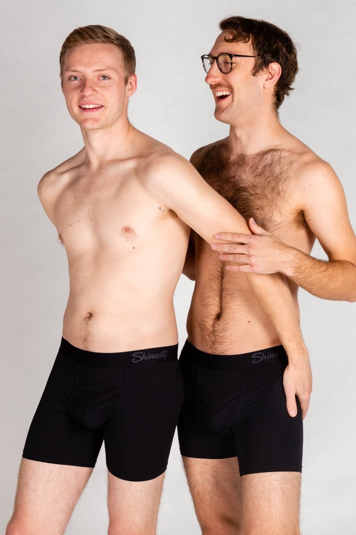 Two models wearing black Shinesty Ball Hammock boxer briefs