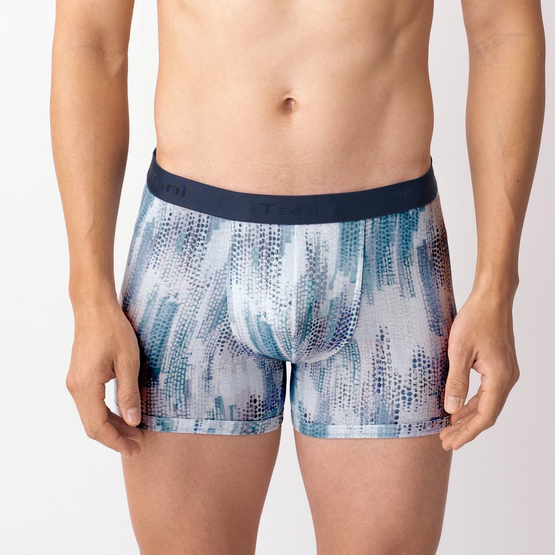 Model wearing printed Tani Silktouch boxer briefs